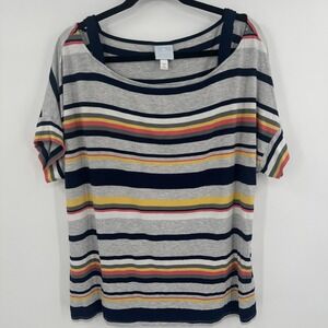 DB Sunday Shirt Womens 1X Gray Multi Stripe Short Sleeve Stretch Lightweight Top